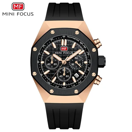 MINI FOCUS -MF0417G- Montre chronographe pour homme avec un bracelet de montre en Silicone. Le mouvement à quartz et les aiguilles lumineuses.La montre est étanche jusqu'à 30M