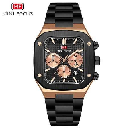 MINI FOCUS -MF0414G- Montre chronographe pour homme avec un bracelet de montre en Acier Inoxydable. Le mouvement à quartz et les aiguilles lumineuses. La montre est étanche jusqu'à 30M