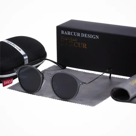 BARCUR -BC8575-  Lunettes de soleil Rondes de luxe en Magnésium d’Aluminium pour Femmes et Hommes - GRIS