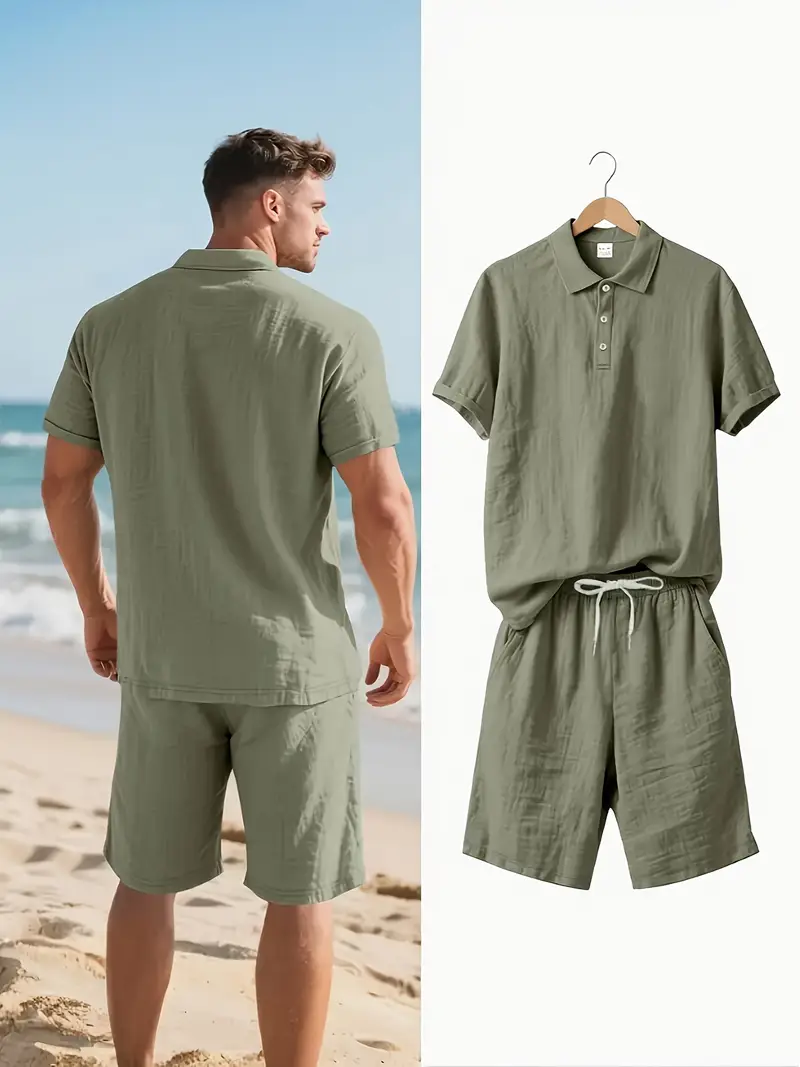 Ensemble T-Shirt Manches Courtes en Lin Respirant et Shorts pour Homme