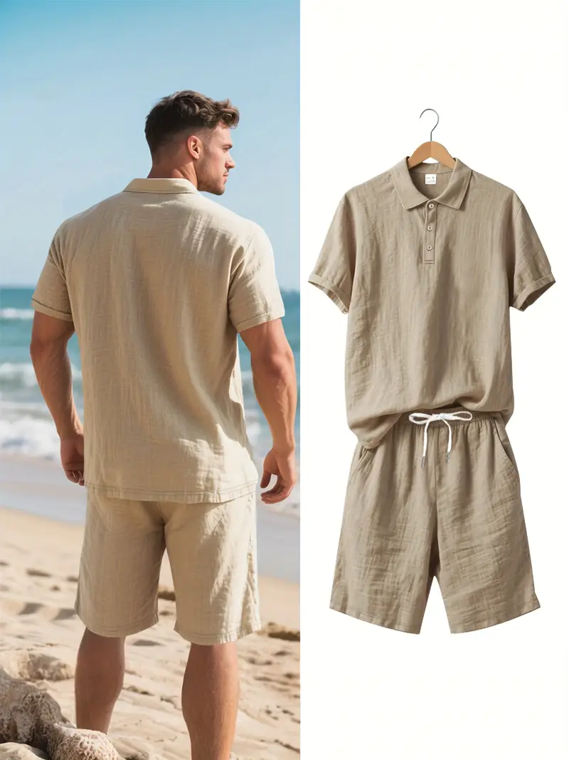 Ensemble T-Shirt Manches Courtes en Lin Respirant et Shorts pour Homme