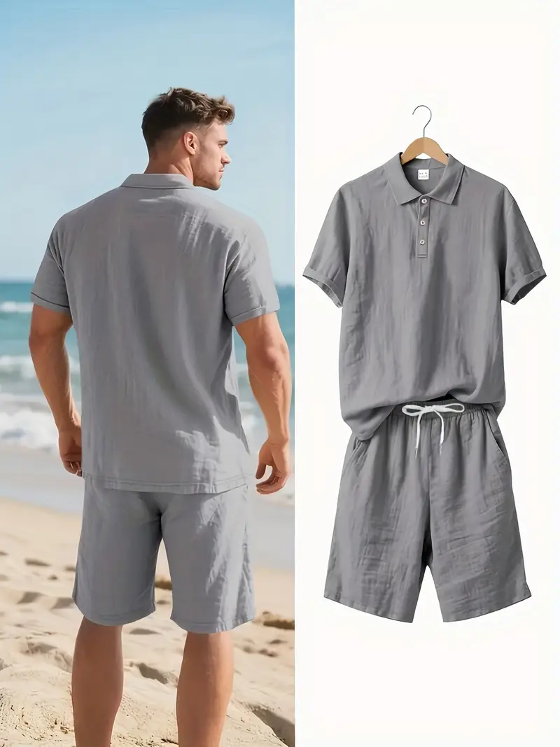 Ensemble T-Shirt Manches Courtes en Lin Respirant et Shorts pour Homme