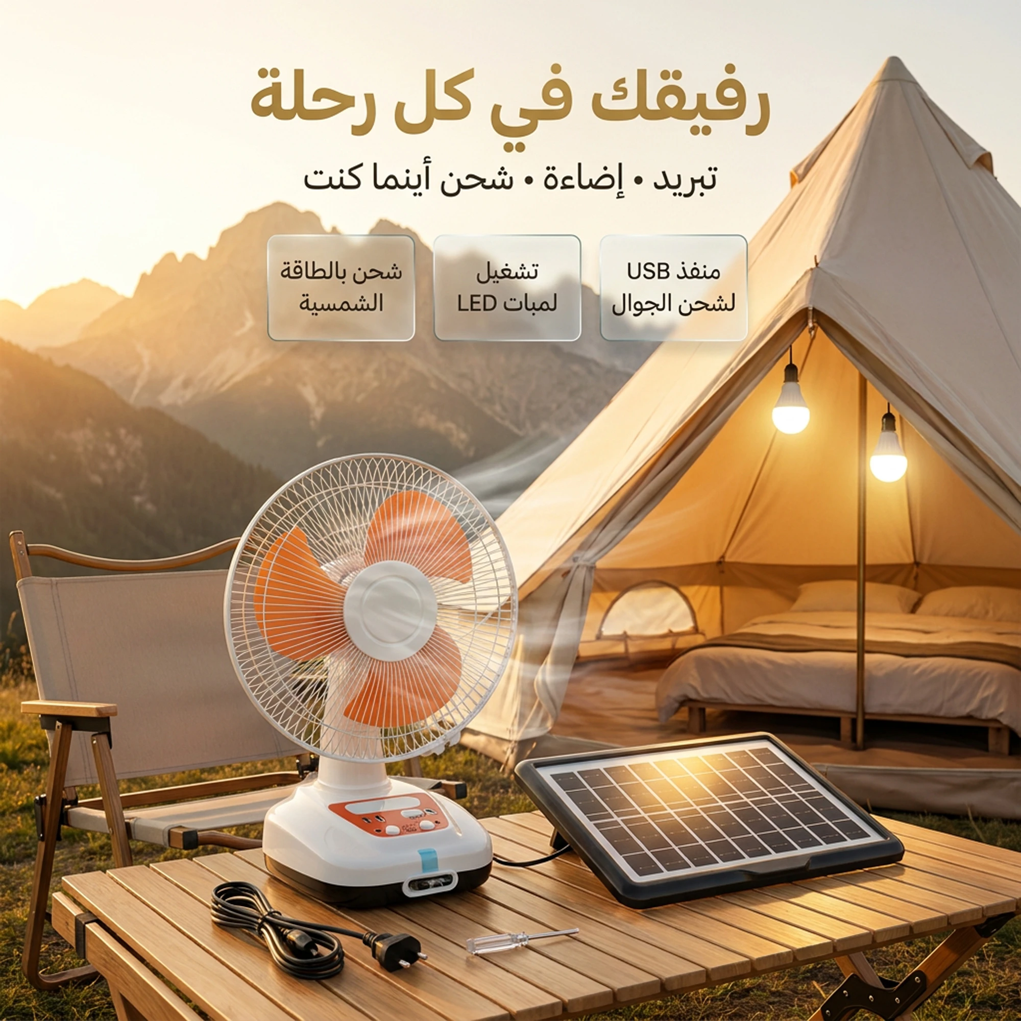 مروحة بالطاقة الشمسية مع لمض إضاءة الطوارئ