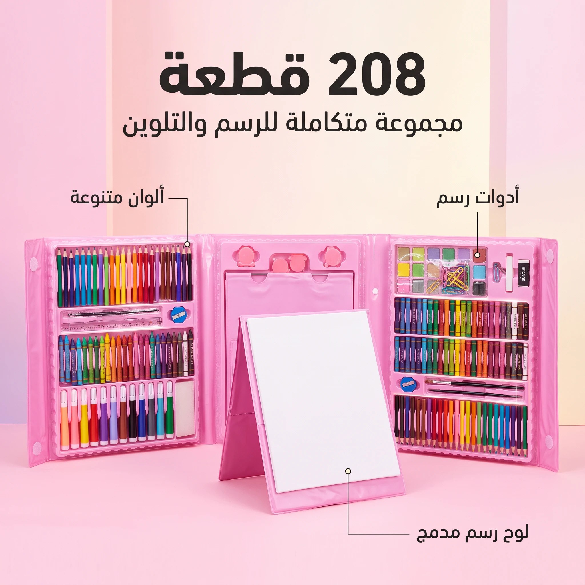 مجموعة أدوات فنية للأطفال مكونة من 208 قطع – مستلزمات رسم وتلوين وأعمال فنية يدوية