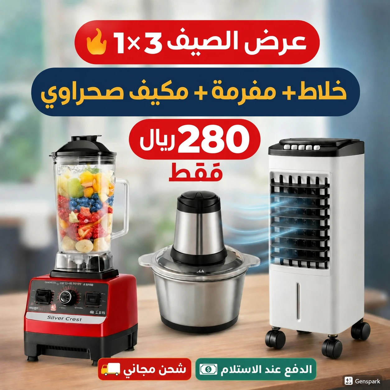 تصفية شاملة.. خصم %50 على باقة ست البيت المتكاملة (3 في 1): خلاط سيلفر كريست القوي + مفرمة لحم + مبرد هواء دينكس بـ 280 ريال!