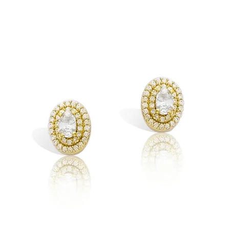 BOUCLE OREILLE PLAQUE OR FORME OVALE OXYDE BLANC + ENTOURAGE CZS