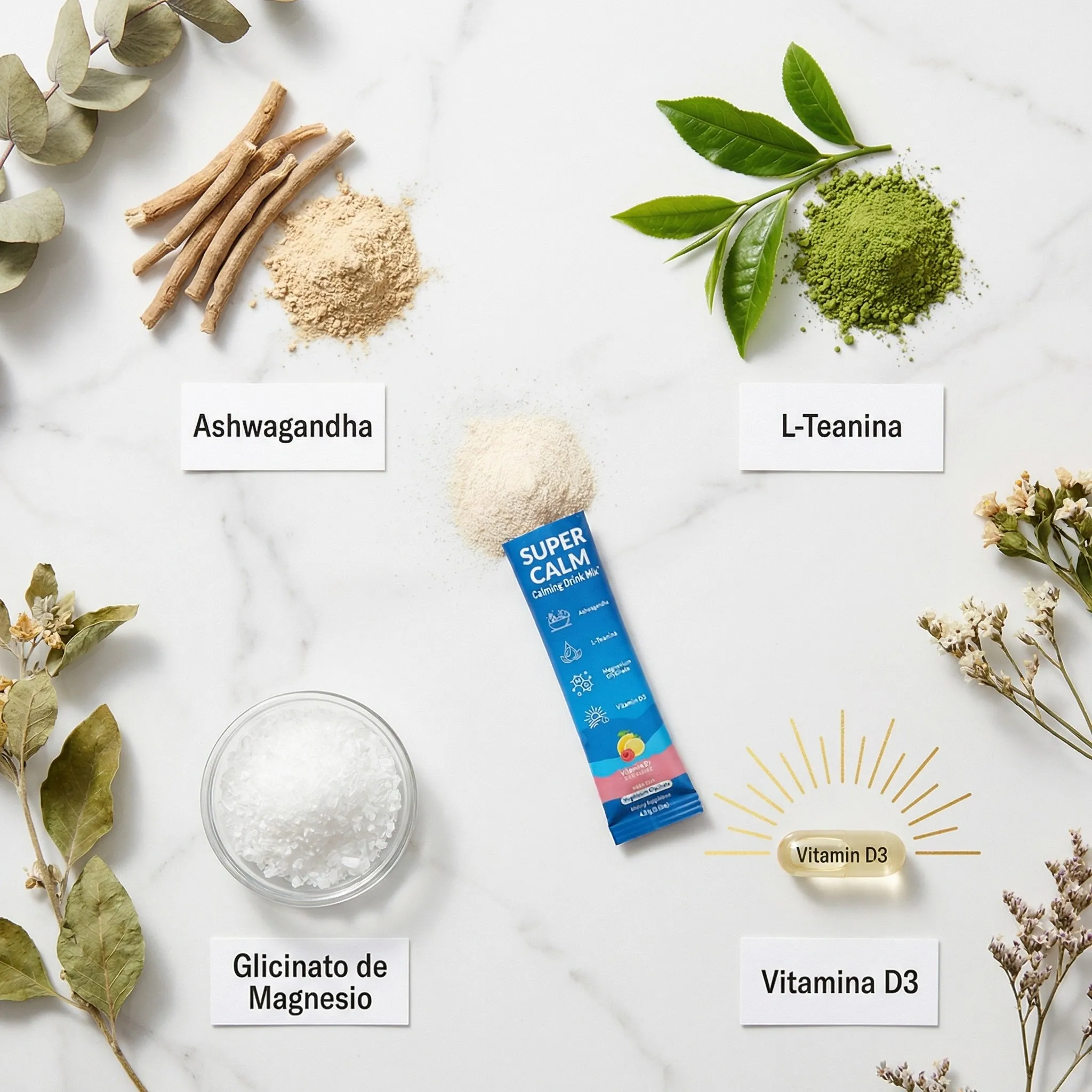 Ingredientes naturales Super Calm Ashwagandha L-Teanina flatlay