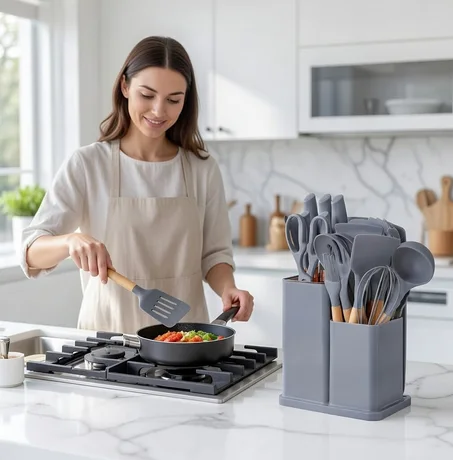 طقم مطبخ كامل 19 قطعة – آمن على الأواني غير اللاصقة + تنظيم مثالي