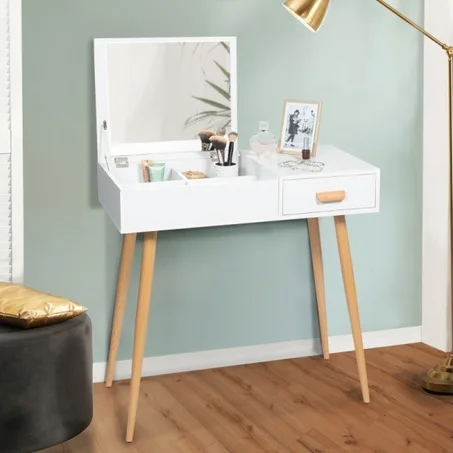 Coiffeuse scandinave avec miroir rabattable blanche