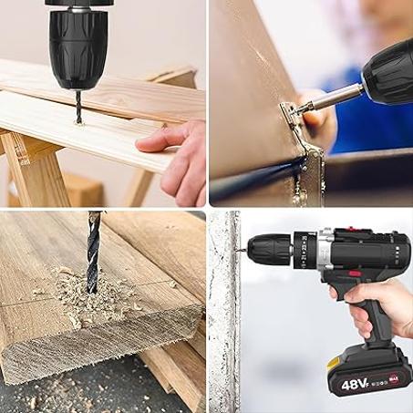 مجموعة مثقاب كهربائي لاسلكي بقدرة 48 فولت مع بطاريتين وشاحن مفك براغي بسرعتين و25 اعداد عزم دوران ومصباح LED مدمج وشنطة تخزين من بروسايت أسود 0.5 بوصة