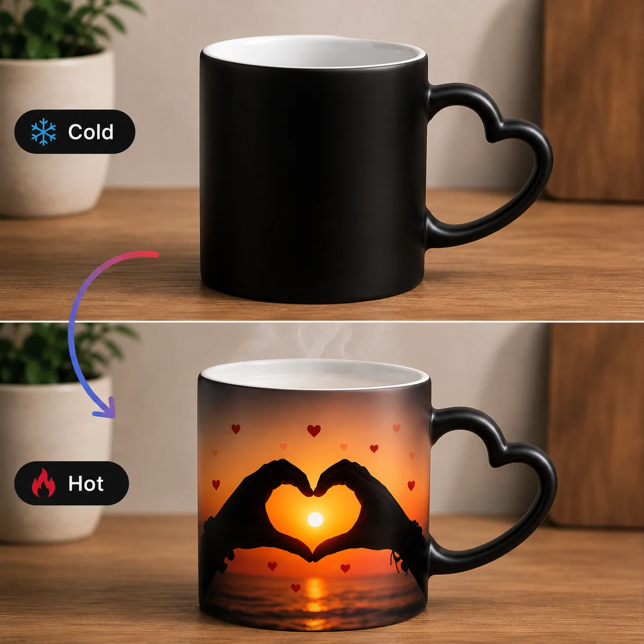Mug Magique Thermoréactif avec Anse en Forme de Cœur