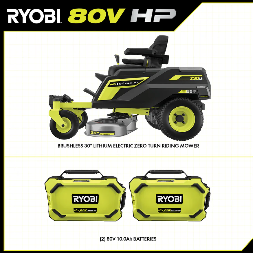 RYOBI 80V HP Brushless 30 in. Battery Electric Cordless Zero Turn Riding Mower with (2) 80V 10 Ah Batteries and Charger