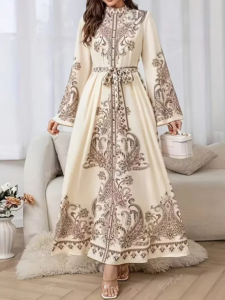 عباية إسلامية أنيقة للنساء - فستان محتشم للمسلمات بحزام خصر قابل للتعديل، وأكمام طويلة، وطبعة بيزلي بيج/بني - فستان حجاب قابل للغسل في الغسالة، مناسب لجميع الفصول