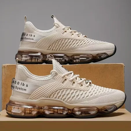 حذاء رياضي رجالي بوسادة هوائية - حذاء رياضي شبكي يسمح بالتهوية مع امتصاص للصدمات، تصميم خفيف الوزن منخفض العنق مناسب للصالة الرياضية والجري والملابس