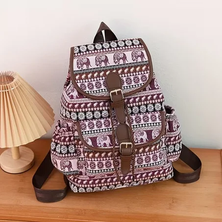حقيبة ظهر نسائية بنمط عرقي مزينة بنقشة الفيل - حقيبة مدرسية وسفر كبيرة السعة، مزودة بأحزمة قابلة للتعديل وجيوب متعددة