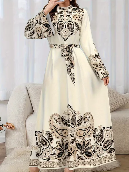 فستان ماكسي أنيق بأكمام طويلة للنساء - قابل للغسل في الغسالة - مناسب لحفلات الزفاف والمناسبات - فستان برقبة دائرية