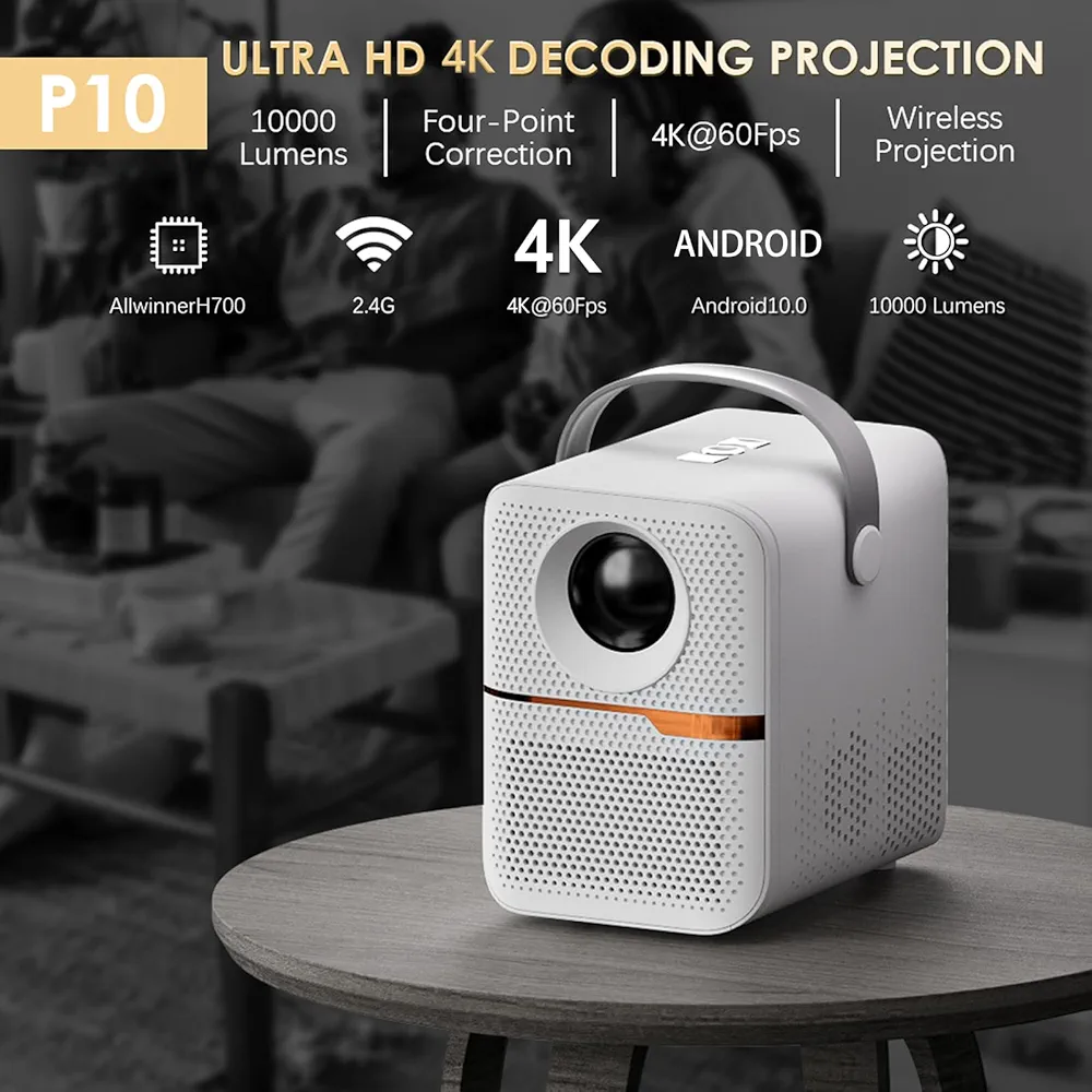 Projecteur P10 4K Android – Full HD 1080P WiFi – Vidéoprojecteur Smart Écran 150 pouces pour Home Cinéma et Présentations