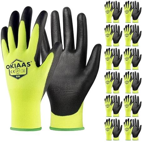OKIAAS Guantes de trabajo para hombre, ultra finos y ligeros con agarre, paquete de 12 pares de guantes de construcción con revestimiento de poliuretano, guantes de seguridad para trabajos li