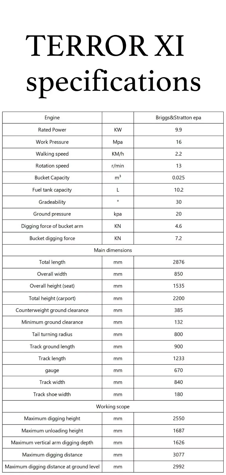 TERROR XI Mini Excavator 1 Ton Digger 13.5hp Gas Tracked Crawler B&S EPA Engine