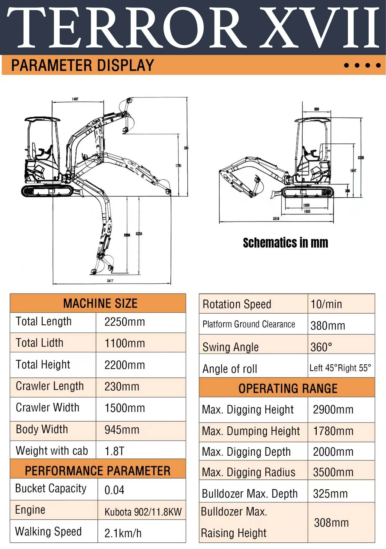 2025 4000 lb TYPHON TERROR XVII Cabin Mini Excavator Rubber Track with Kubota D902 Diesel Engine USA