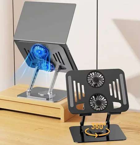 Support PC Portable Réglable 360° avec Double Ventilateur de Refroidissement