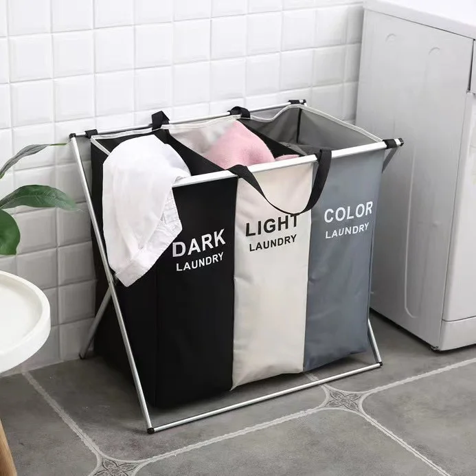 Panier à linge sale pliable avec 3 grilles pour séparer les vêtements