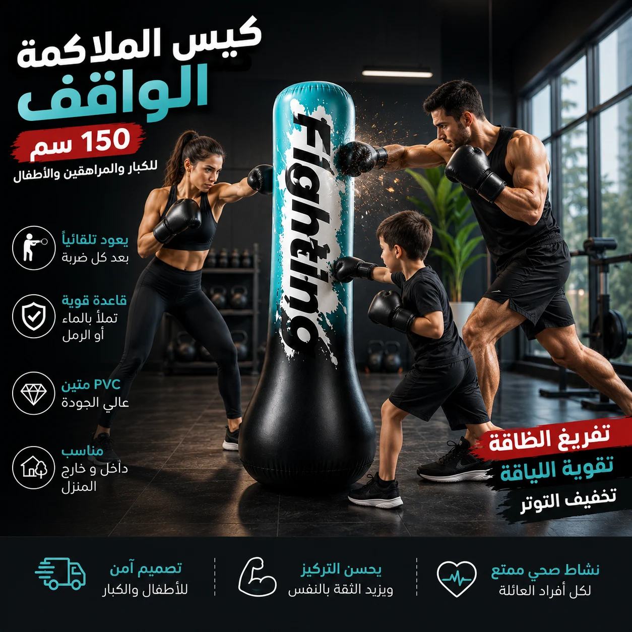 كيس الملاكمة الواقف 150 سم للكبار والمراهقين لتفريغ الطاقة وتقوية اللياقة البدنية