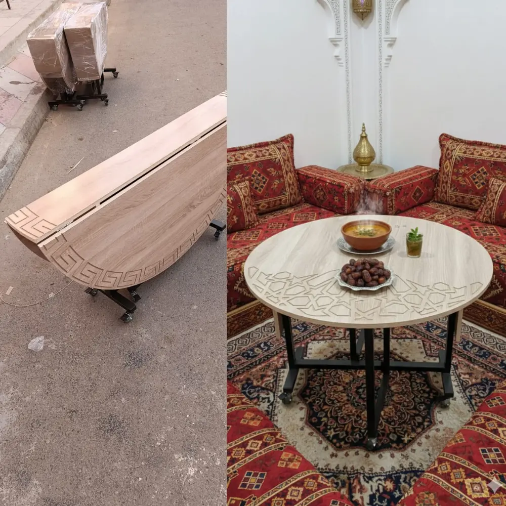 طاولة مستطيلة أو دائرية بنقش رمضاني: قابلة للطي ب 6 عجلات وأرجل لون أسود