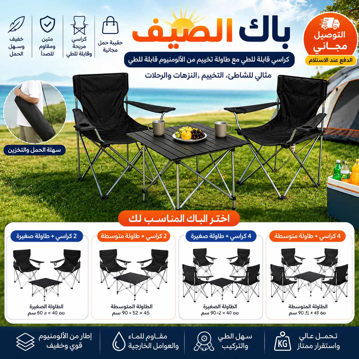 عرض الصيف: طاولة تخييم ألمنيوم قابلة للطي مع كراسي مريحة للحديقة، الشاطئ والرحلات