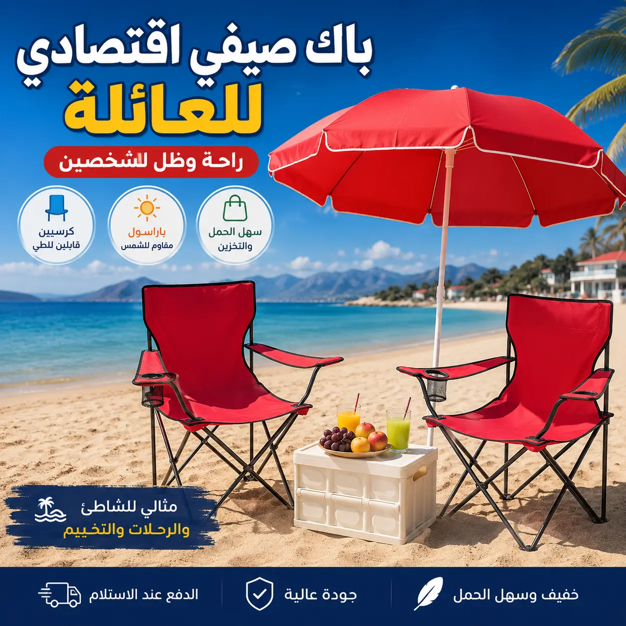 باك صيفي عائلي فاخر | باراسول مقاوم للشمس +  كراسي قابلة للطي