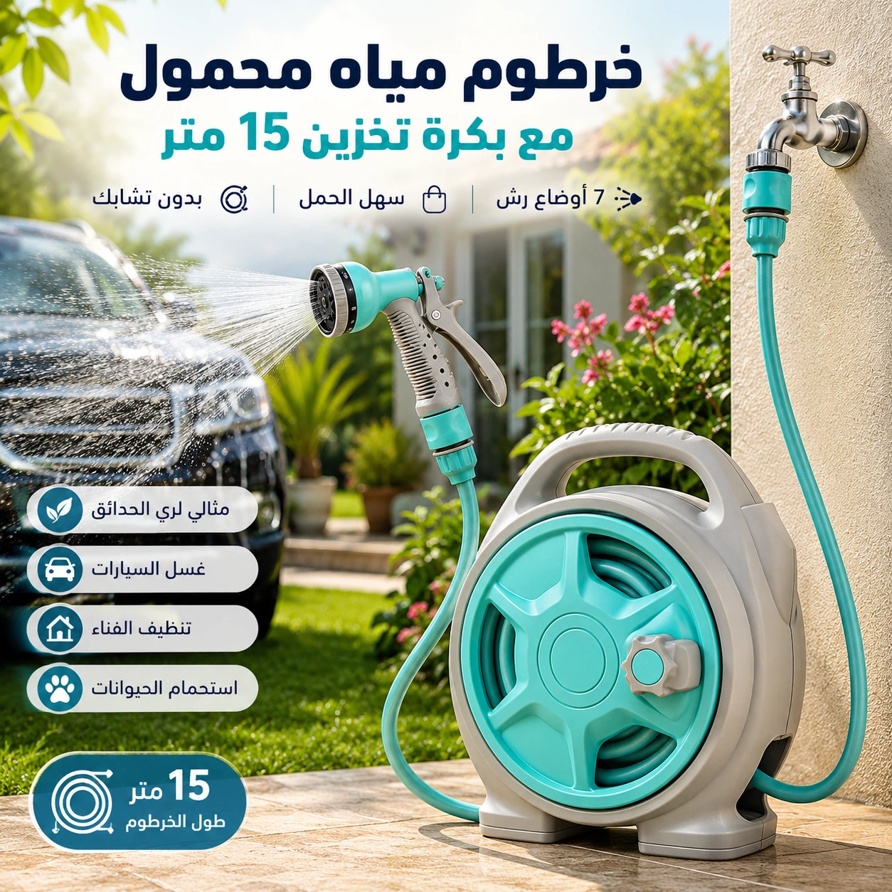 خرطوم ماء قابل للطي 15 متر مع رشاش 6 وضعيات | مثالي لغسل السيارات وري الحدائق وتنظيف المنزل
