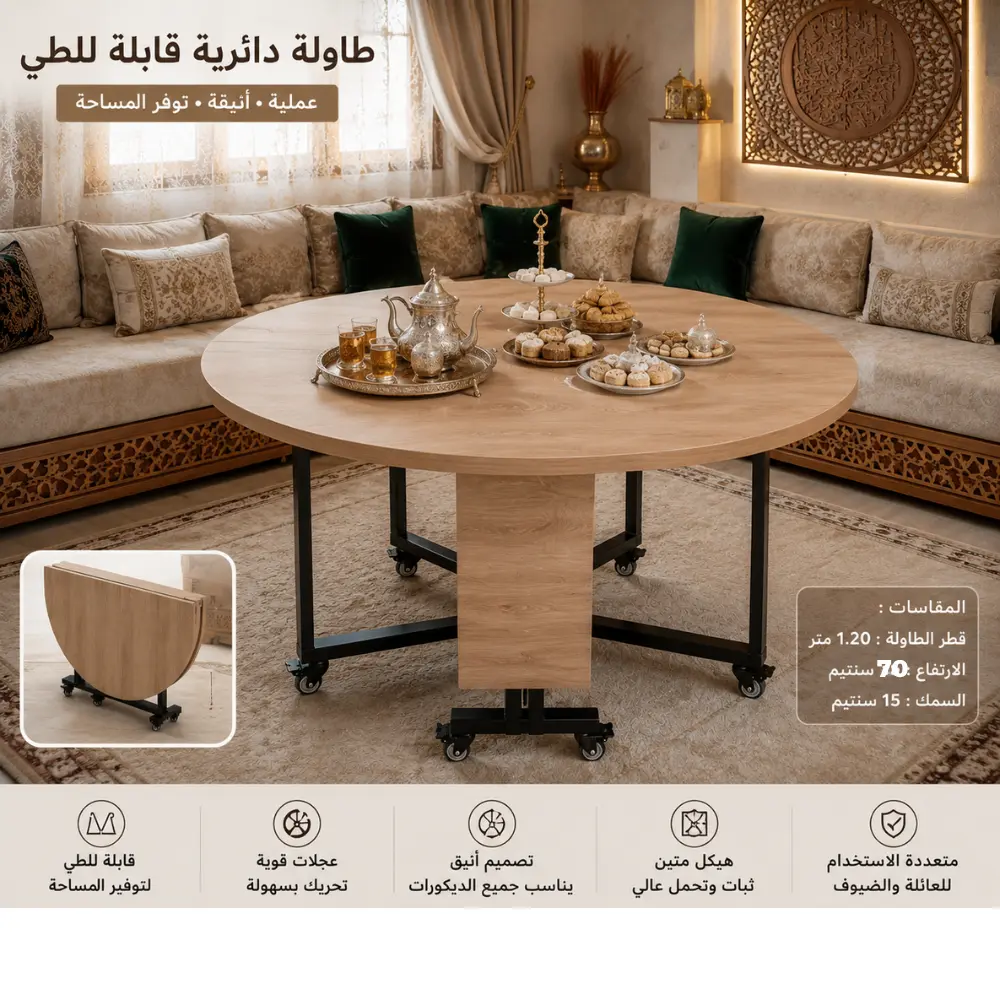 الطاولة المستطيلة أو الدائرية القابلتين للطي : مصنوعة من MDF (18مم)، مع 6 عجلات قابلة للتحريك