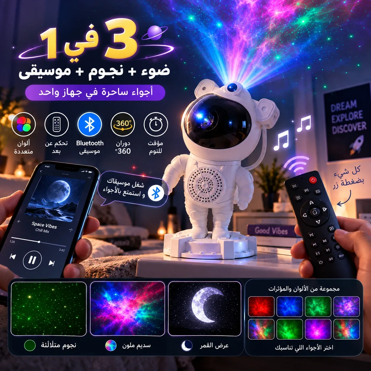 بروجيكتور رائد الفضاء، يغير الاجواء ويحولها لعالم من المجرات والكواكب والنجوم