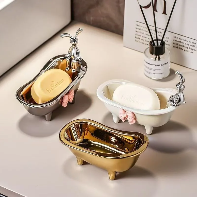 حقيبة تجميل على شكل حوض استحمام ذهبي – منظم متين لسطح المكتب، صندوق تخزين مقاوم للتشوه لتزيين المنازل والفنادق