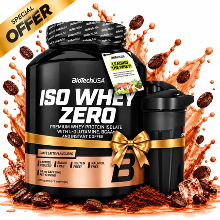 Pack BioTechUSA Iso Whey Zero 1816 g Caffe Late + Shaker Noir