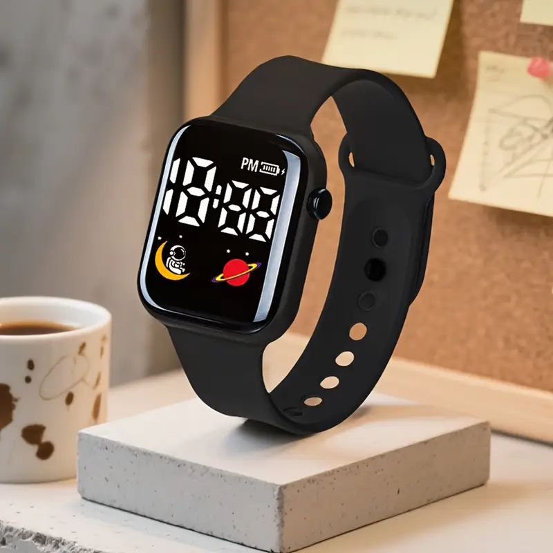 Montre Numérique Carrée – Bracelet PVC Confortable, Mode Mains Libres