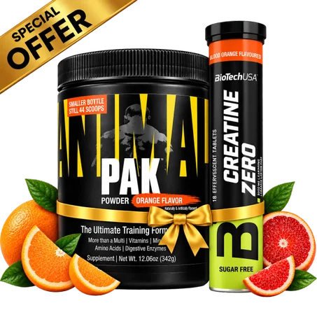 Pack Animal Pak 342g Orange + Creatine Zero Blood Orange 18 Tabs – Nutrition & Performance Sportive