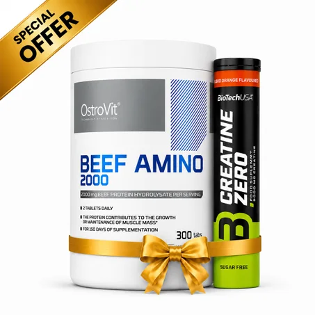 Pack Beef Amino 2000mg - 300 Tabs ,Force & Développement Musculaire + Creatine Zero Effervescent Blood Orange 18 Tabs