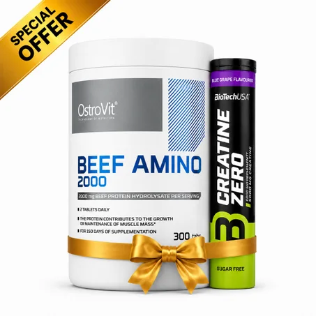 Pack Beef Amino 2000mg - 300 Tabs ,Force & Développement Musculaire + Creatine Zero Effervescent Blue Grape 18 Tabs