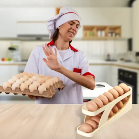 حامل بيض على شكل صينية - منظم بيض للثلاجة، موزع بيض أوتوماتيكي بـ 15 بيضة، رف تخزين بيض من طبقتين | منظم بيض لسطح المطبخ، حاوية تخزين بيض، صينية واسعة لحمل البيض، استخدامات متعددة في المطبخ