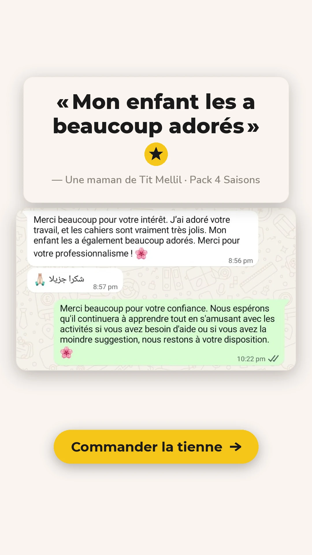 Message d'une maman de Tit Mellil après réception du Pack 4 Saisons