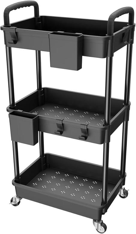 REBECAT - Carrito utilitario rodante de 3 niveles con asa, hecho de organizador de almacenamiento multifuncional, herramienta para cocina, baño, sala de estar, oficina (negro)