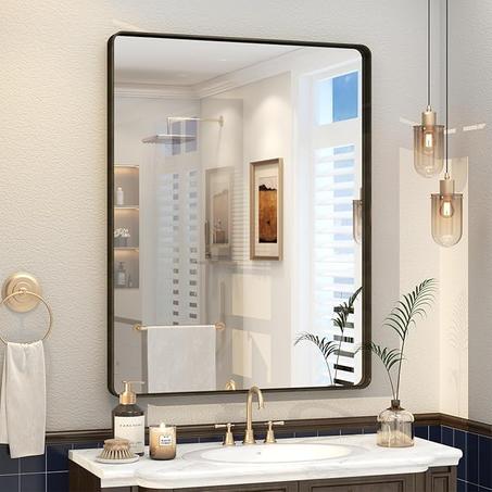 Espejo de baño con marco de bronce de 28 x 36 pulgadas, espejo de tocador de metal de bronce cepillado, espejo rectangular de bronce redondeado, vidrio templado, antioxidante, inastillable