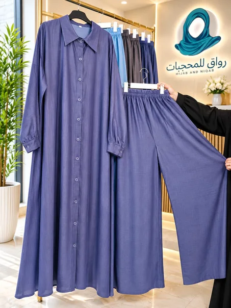 طقم توب دجينز نسائي طويل مع سروال واسع