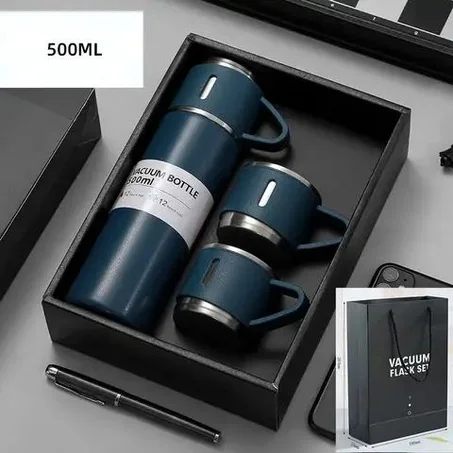 طقم ترمس فاخر (Vacuum Flask Set) - حافظ للحرارة والبرودة 500 مل + 2 كؤوس أنيقة