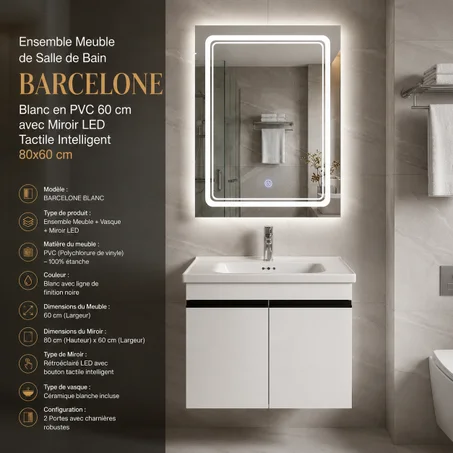 Meuble de Salle de Bain BARCELONE Blanc en PVC 60 cm avec Miroir LED Tactile Intelligent 80x60 cm