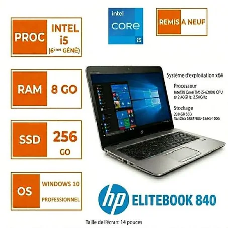 Hpi PC PORTABLE EliteBook 840 G3 i5-6300U 8GB RAM 256GB SSD (Occasion en bon état)