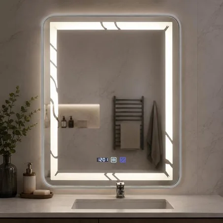 Miroir LED Mural 70 × 50 cm avec Éclairage LED, Horloge Numérique, Antibuée et Tactile – Cadre aluminium