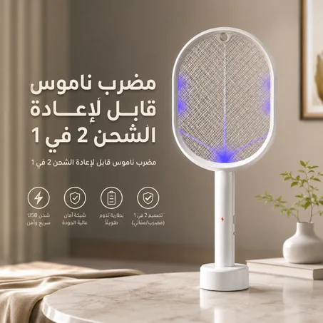 مضرب الناموس الكهربائي الذكي 2 في 1 القابل للشحن – يقضي على شنيولة والحشرات فوراً