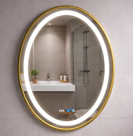 مرآة حمام بإضاءة LED، مقاس 60×80 سم - إطار من الألومنيوم الذهبي